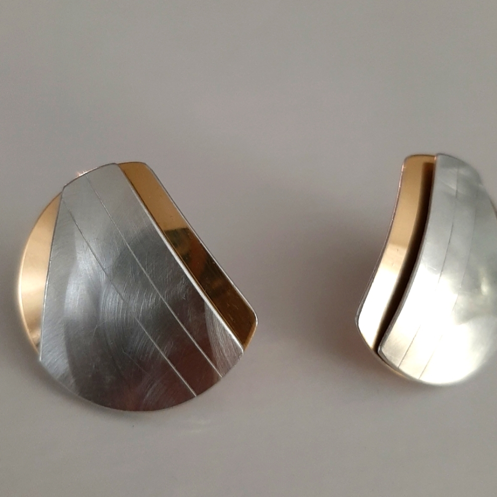 Modern Geometric Design Lazer Etched Mixed Metals, Gold & Silver Tone Earrings - Picture 2 of 7